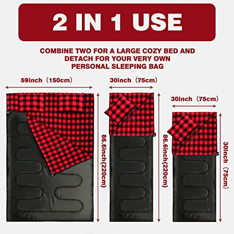 BESTEAM Saco de dormir doble de franela de algodón para acampar, mochilero, senderismo, sacos de dormir impermeables para 2 personas con 2 almohadas para adultos, adolescentes y niños en interiores y exteriores