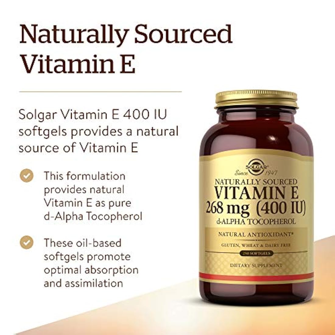 Solgar - Vitamina E 400 IU Alpha Softgels, 033984035225, Embalaje estándar., 1