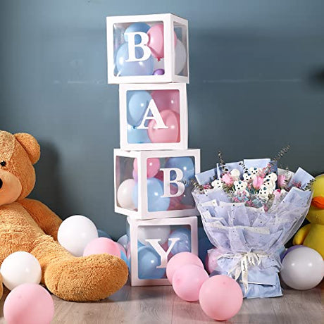 Sooyee Cajas de bebé con letras para baby shower, decoraciones de baby shower transparentes blancas, cajas de globos transparentes, telón de fondo, fiesta de cumpleaños, revelación de género, recuerdos reutilizables en caja de regalo, 4 bloques de bebé