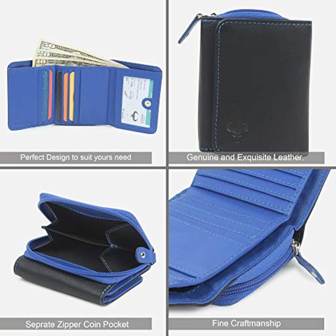 Billetera de piel para mujer color negro y azul. AlphaHide