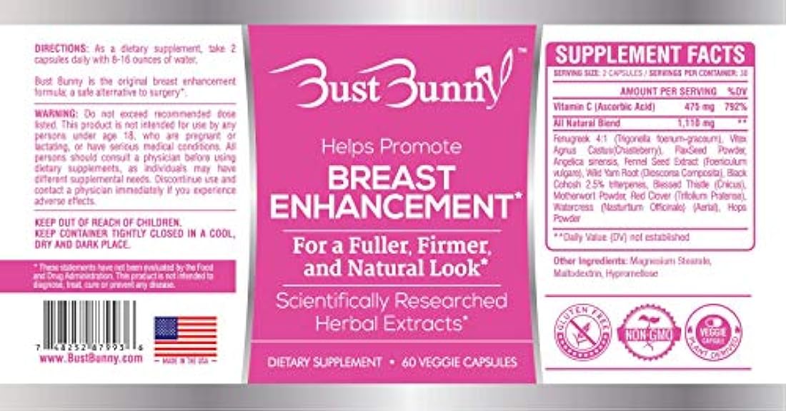 BUST BUNNY - Píldoras para mejorar el seno - Apto para veganos - 6 meses | 1 forma natural para agrandar el pecho y aumentar el tamaño del pecho