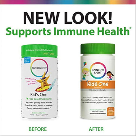 Rainbow Light Kids One Multivitamina con complejo de vitamina B, sabor a fruta – 90 tabletas (el paquete puede variar)
