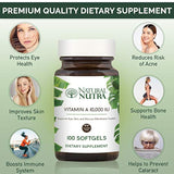 Natural Nutra Vitamina A 10.000 UI, Retinol Palmitate Suplemento dietético de aceite de hígado de bacalao, extra fuerza para ojos, piel, uñas y salud inmune con omega 3, 100 cápsulas blandas sin gluten