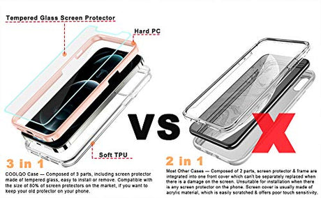 COOLQO - Funda transparente de silicona de cuerpo completo 360º a prueba de golpes, compatible con iPhone 12 / iPhone 12 Pro de 6.1 pulgadas [con 2 protectores de pantalla de vidrio templado], rosa