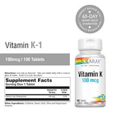 Solaray Vitamina K-1 100 mcg | Estructura de hueso saludable, coagulación de la sangre, soporte de síntesis de proteínas | No OMG, vegano y laboratorio verificado | 100 tabletas