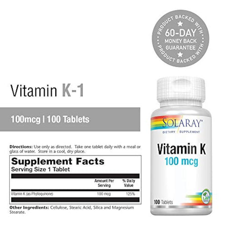 Solaray Vitamina K-1 100 mcg | Estructura de hueso saludable, coagulación de la sangre, soporte de síntesis de proteínas | No OMG, vegano y laboratorio verificado | 100 tabletas