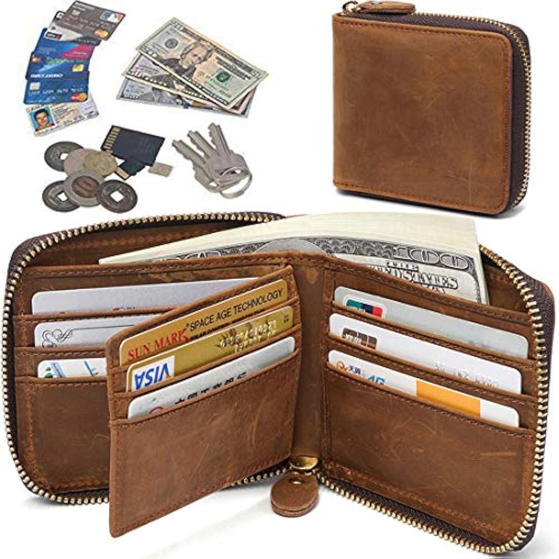 Cartera con cremallera para hombre  bloqueo de cuero