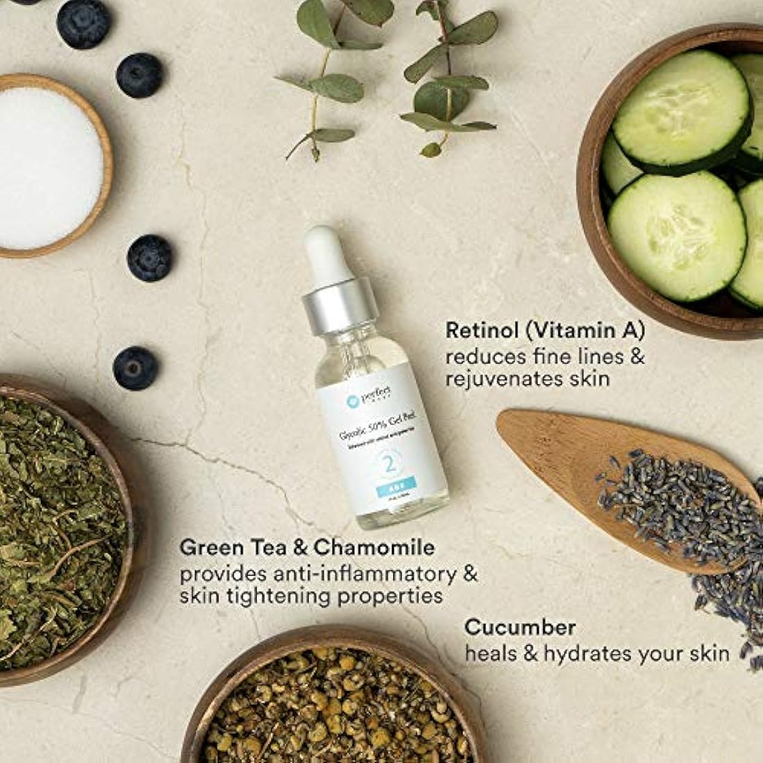 Gel peel, Ácido Glicólico 50 %, mejorado con retinol y extracto de té verde (tratamiento profesional de la piel), 1 oz