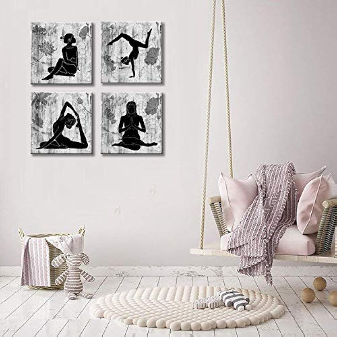 Lienzo abstracto para yoga, 4 paneles, negro y blanco,