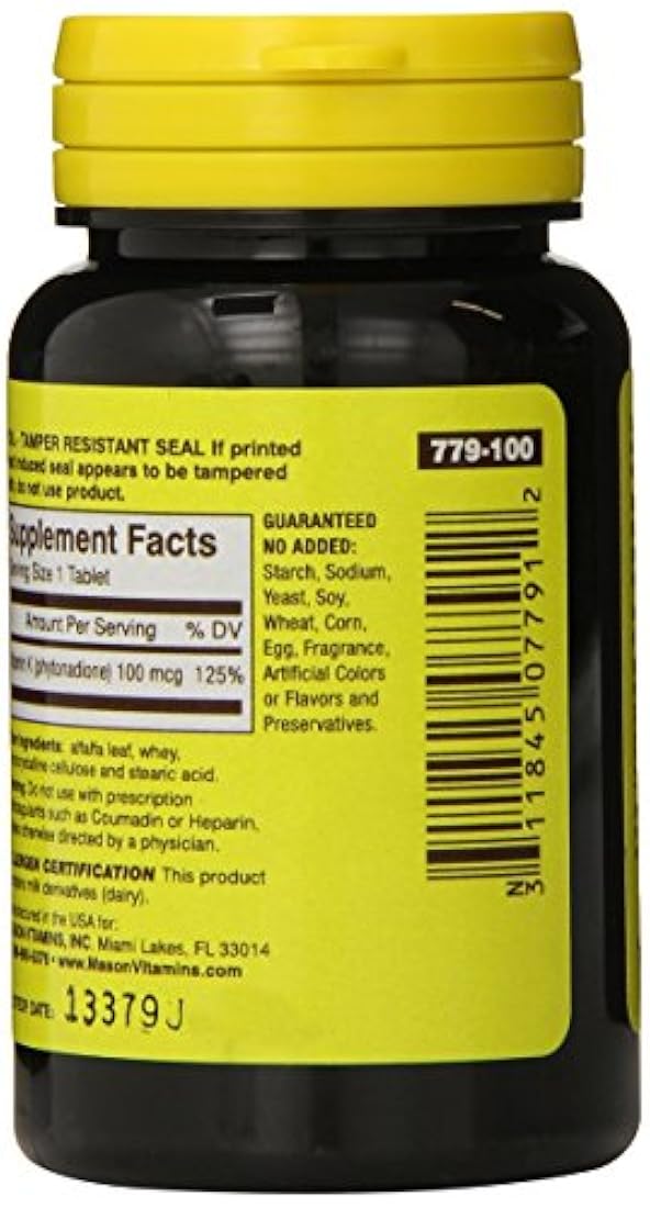 Mason Natural Vitamina K, 100 mcg, tabletas, 100 EA