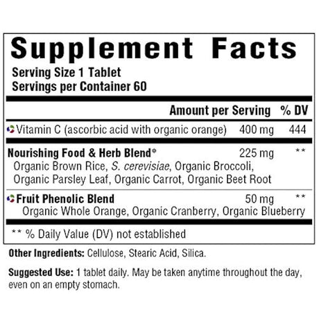 MegaFood, Ultra C-400, soporta la salud inmune y celular, suplemento de vitamina C antioxidante, sin gluten, vegano, 60 tabletas (60 porciones)