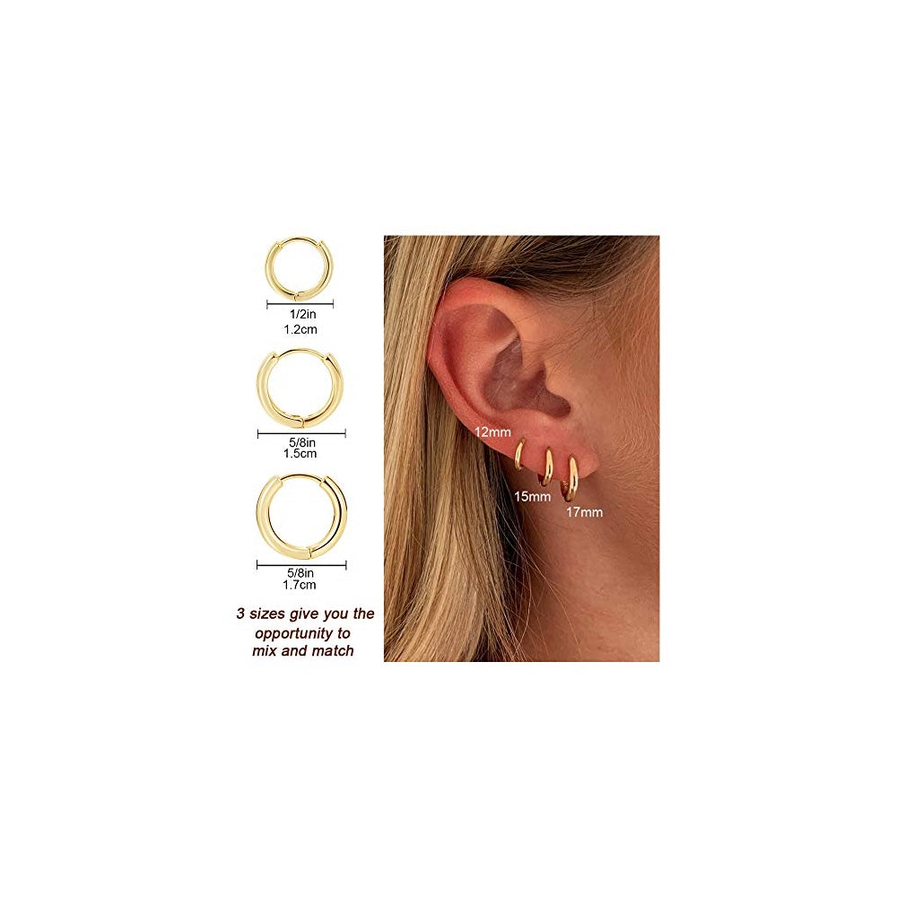 Aretes de aro chapados en oro 3 pares para mujer