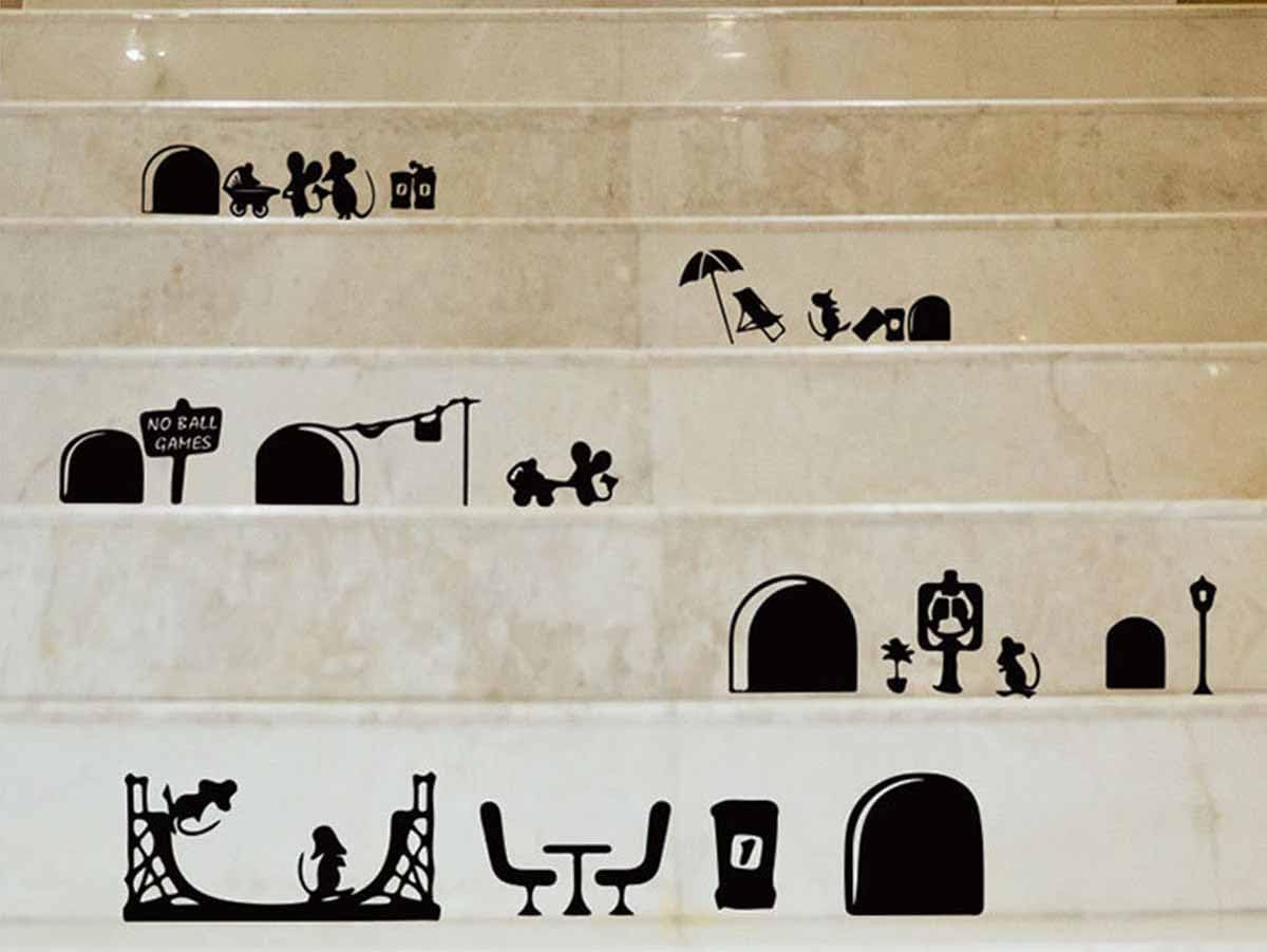 Interesante etiqueta engomada del agujero del ratón extraíble personalizada moda creativa fondo pegatinas de pared para sala de estar escaleras