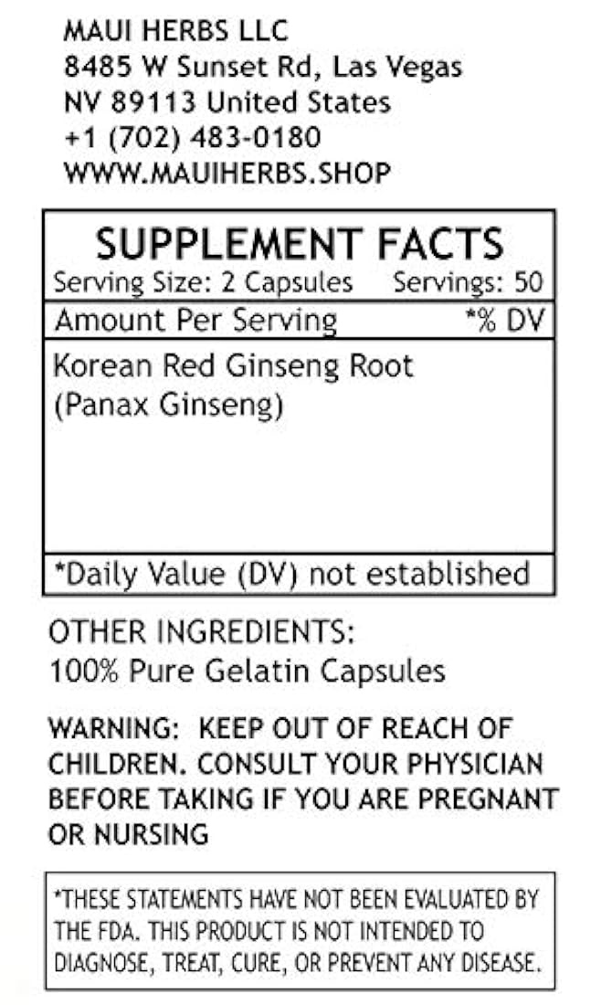 Ginseng 100 cápsulas, 1300 mg por porción, raíz de ginseng