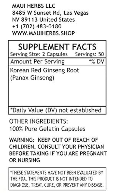 Ginseng 100 cápsulas, 1300 mg por porción, raíz de ginseng