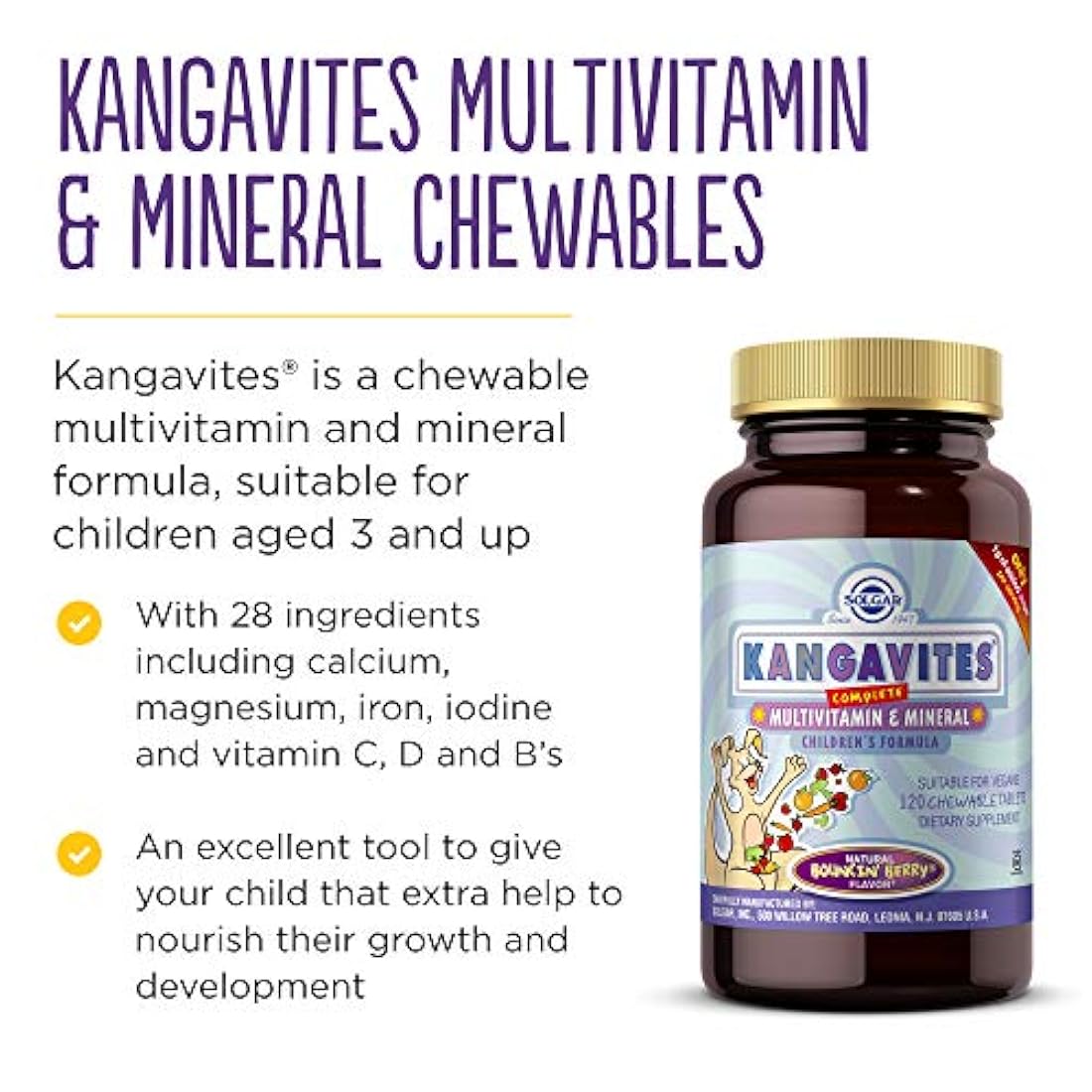 Solgar – Kangavites Multivitamina y Mineral Masticable Tabletas – Bouncin' Berry Sabor, 120 tabletas