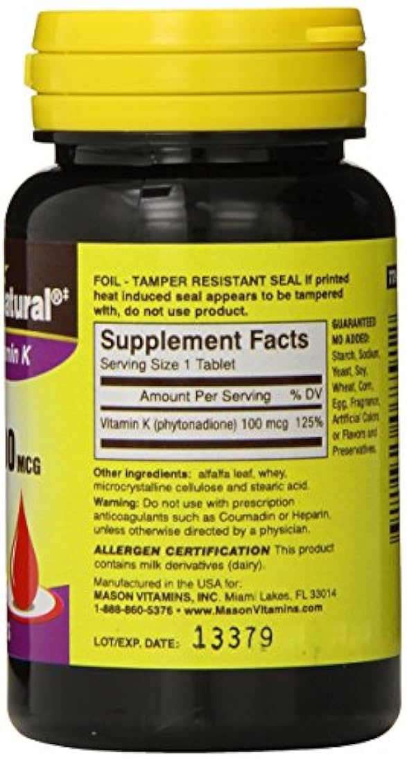 Mason Natural Vitamina K, 100 mcg, tabletas, 100 EA