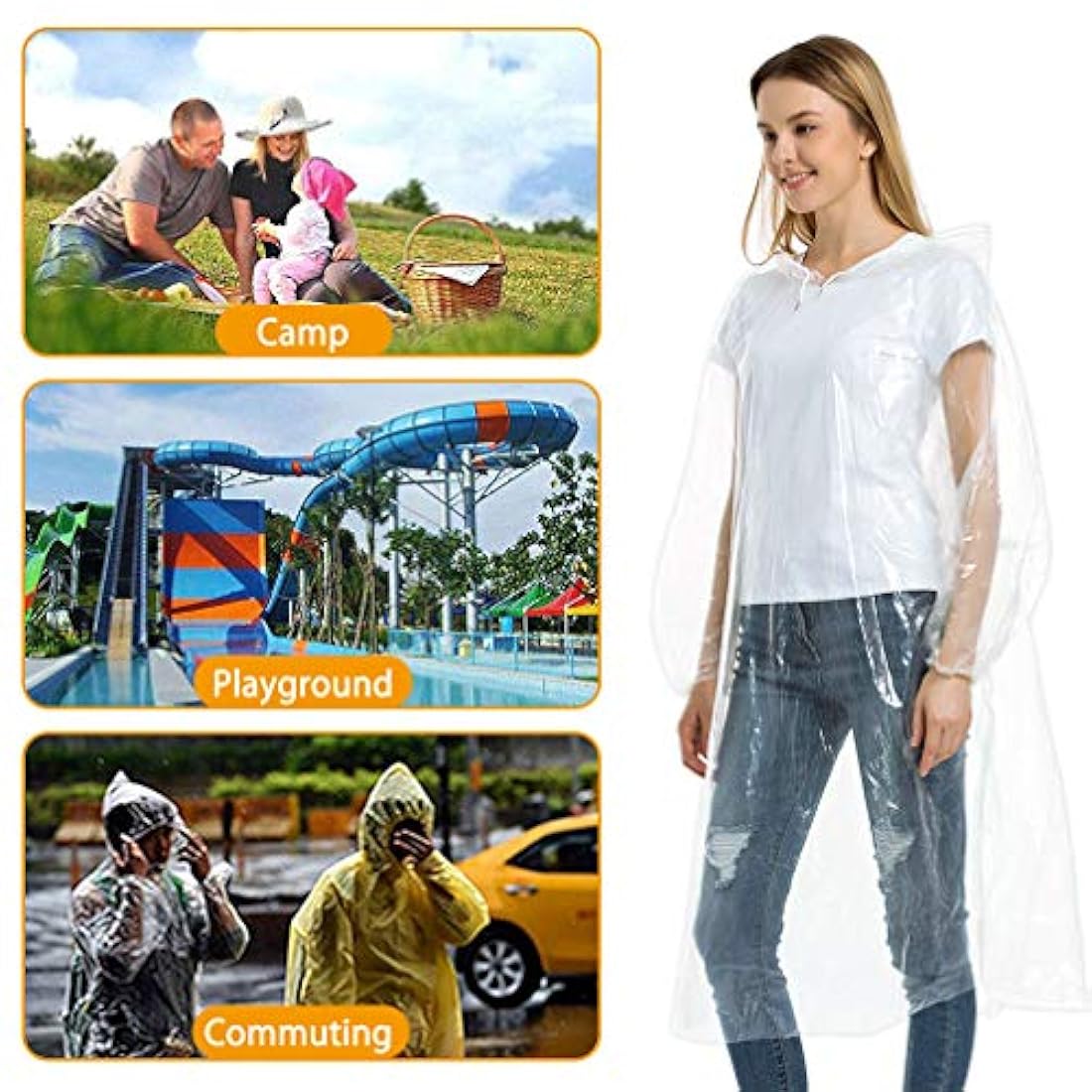 Roctee 12 ponchos desechables para lluvia, impermeables para adultos, chubasqueros de emergencia con capucha con cordón y muñecas elásticas para camping, senderismo, pesca, actividades al aire libre