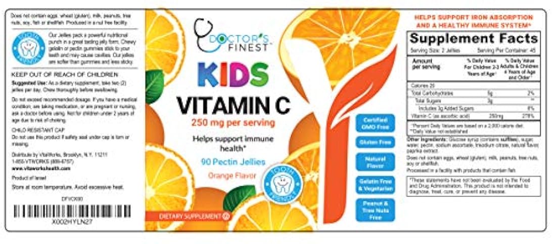 Gomitas de vitamina C para niños, veganas, libres de OMG y sin gluten, sabor a naranja de gran sabor, masticables de pectina, suplemento dietético para niños, 250 mg de vitamina C, 90 gelatinas [45 dosis]