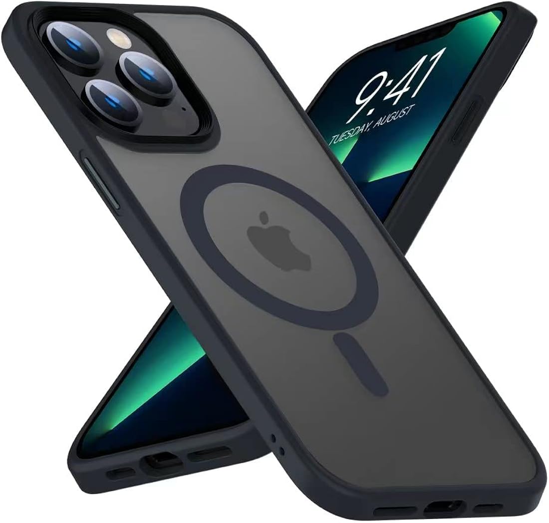 MGNAOOI - Funda magnética para iPhone 13 Pro, calidad militar probada, apta MagSafe, posterior translúcido mate, teclas de aleación de aluminio, antihuellas, caídas y arañazos, 6.1&nbsp;pulgadas, negra
