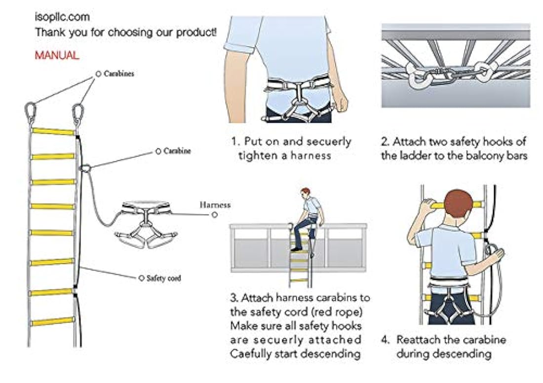 ISOP escalera de emergencia para fuego, 32.8 ft, resistente al fuego, escalera de cuerda de seguridad con cable de seguridad y cinturón de seguridad, reutilizable, capacidad de peso de hasta 2000 libras