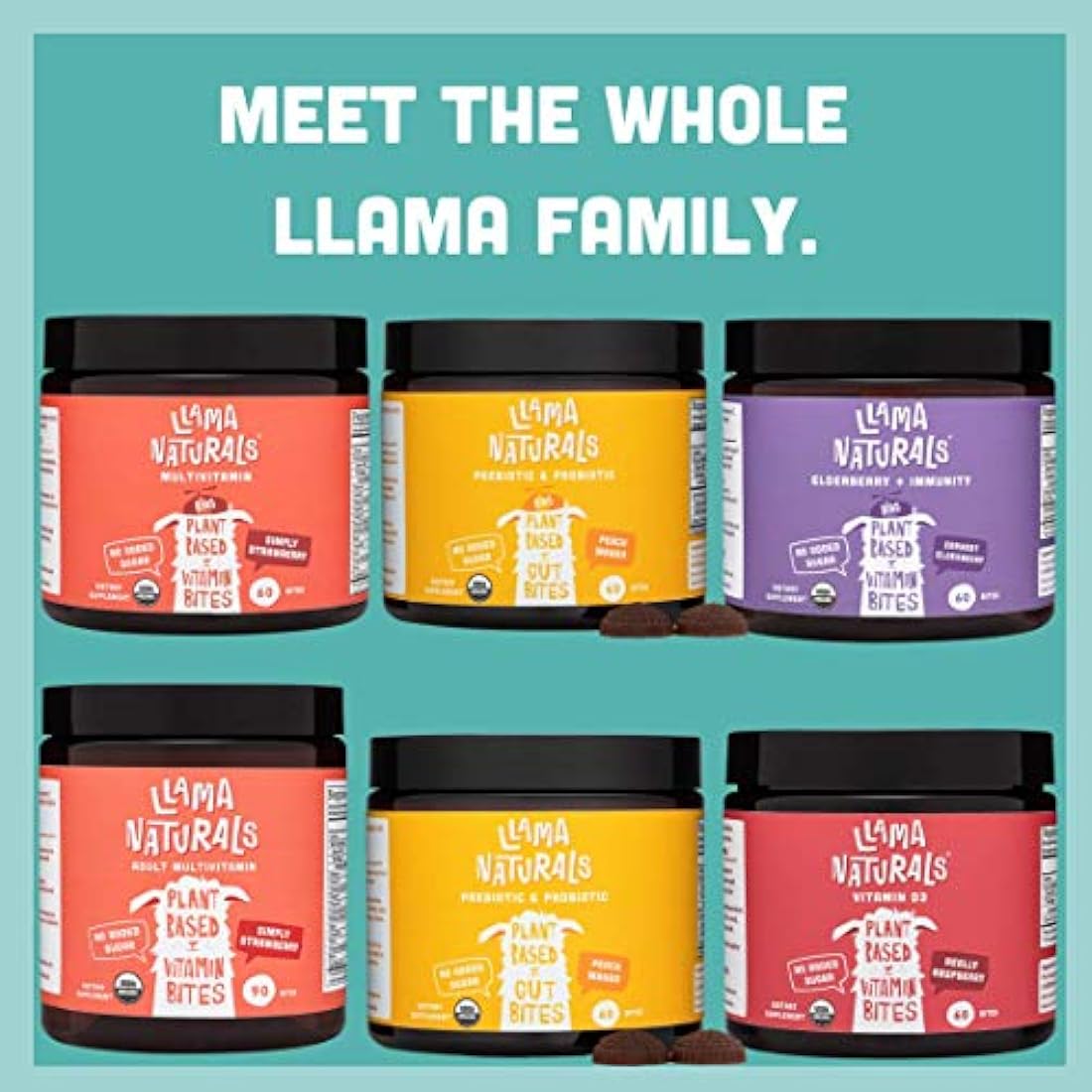 Llama Naturals Bites vitamínicos a base de plantas (adultos); orgánico; sin azúcar añadido, edulcorantes o sintéticos; gominola multivitamínica vegana (D3, B12, folato y más; 90 mordeduras de fruta real (30 días), 1