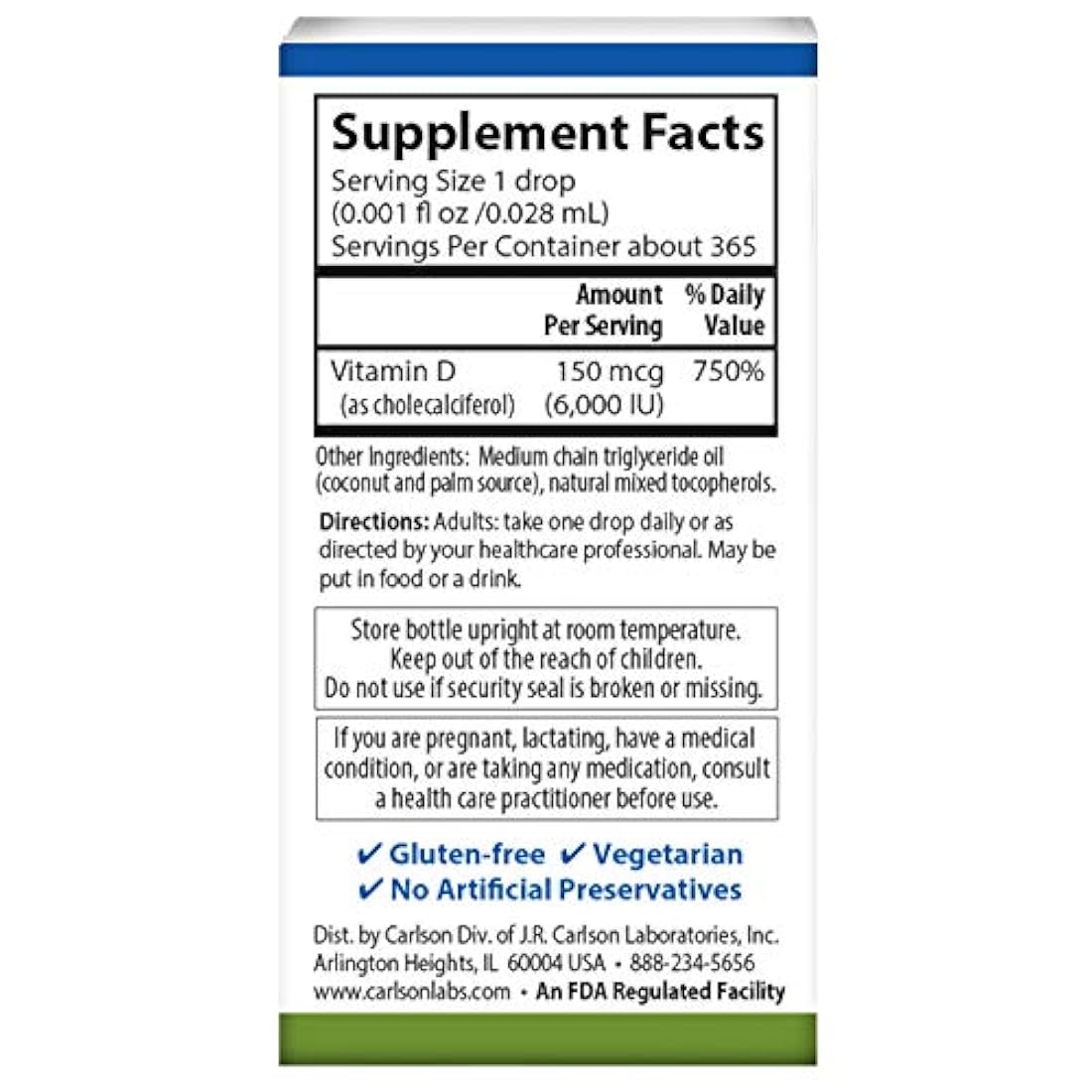 Carlson Super Daily D3, 6000 UI (150 mcg) por gota, corazón y salud inmune, vitamina líquida D3, suministro de 1 año, sin sabor, 365 gotas