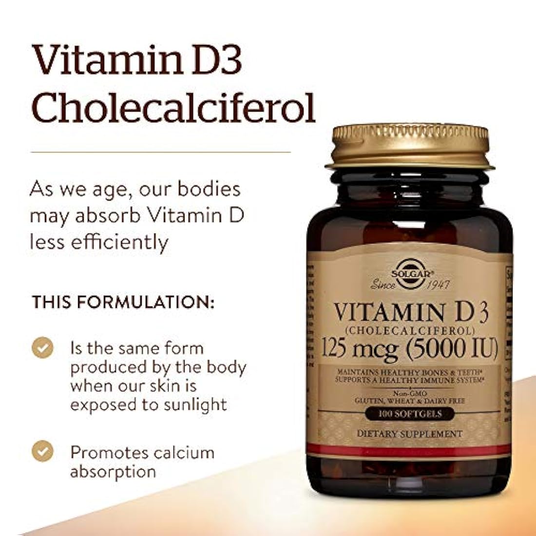 Vitamina D3 (Colecalciferol) 125 MCG (5000 UI), 100 cápsulas