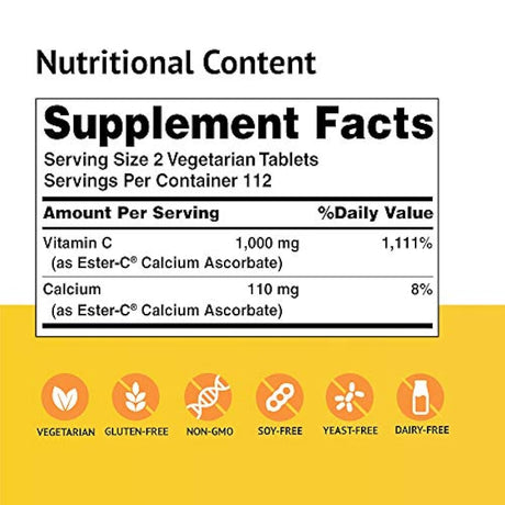 Tabletas vegetarianas American Health Ester-C – 24 horas de apoyo inmunológico, suave en el estómago, vitamina C no ácida, sin OMG, sin gluten, vegano, 500 mg, 225 unidades, 112 porciones