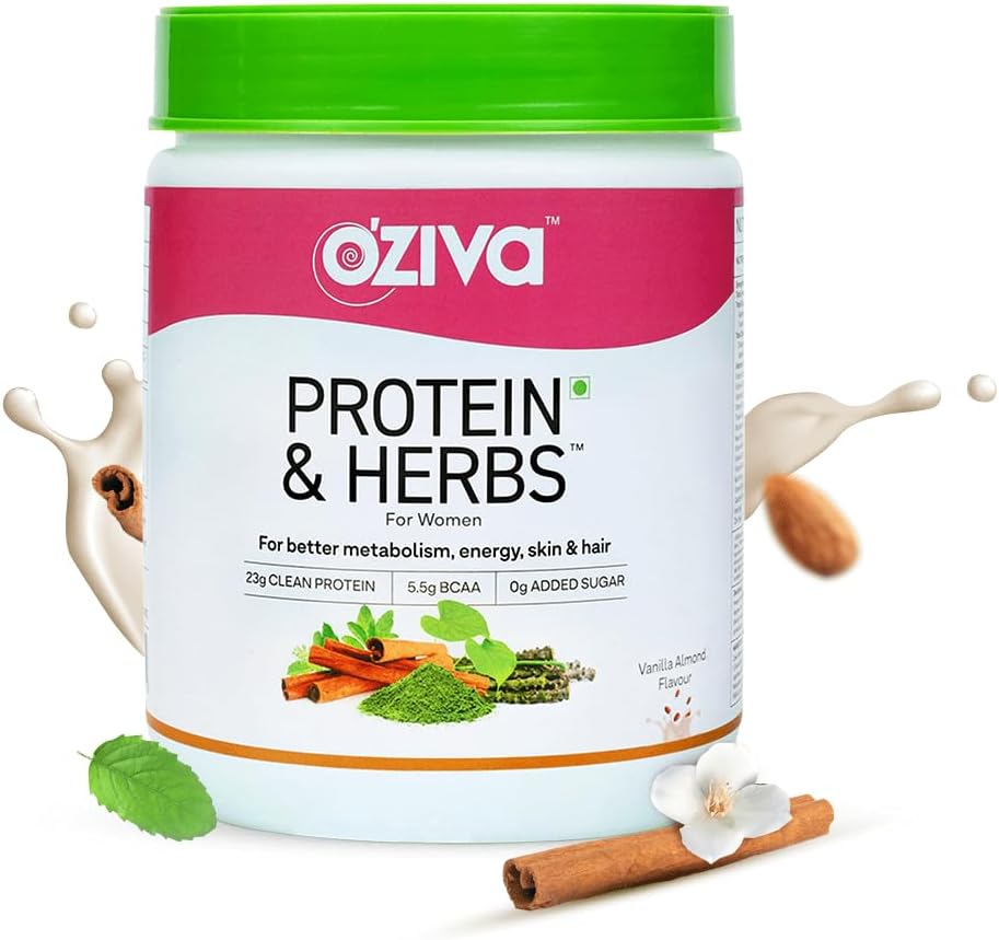 Proteína y hierbas para mujer | 1.1 libras (500 gm) con multivitaminas, curcumina, shatavari, tulsi para mejorar el metabolismo, equilibrio hormonal y la piel, salud del cabello, vainilla y almendra (1.1 libras)