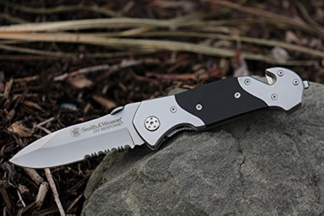 cuchillo plegable con traba, hoja parcialmente dentado