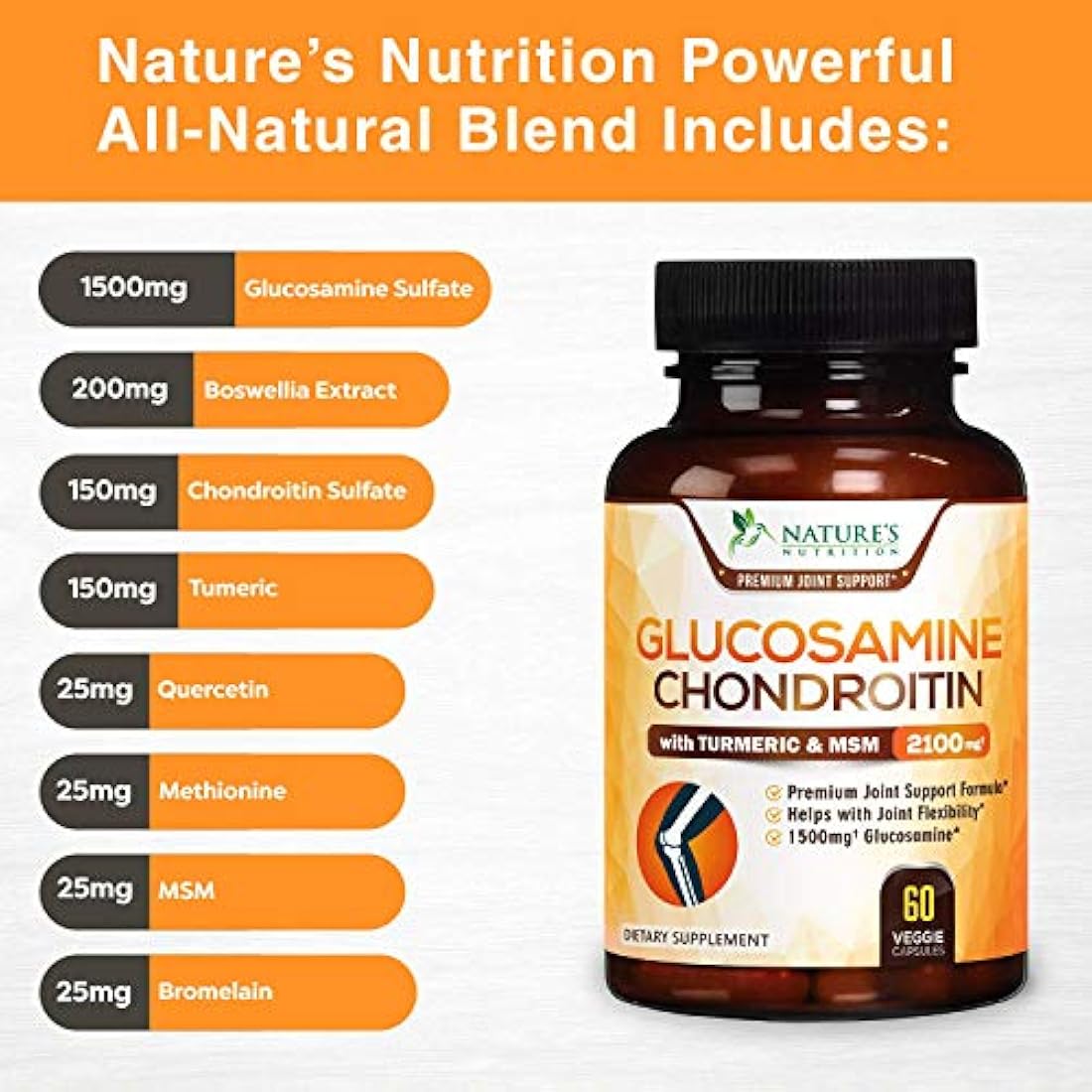 Glucosamina con suplemento de condroitina cúrcuma MSM, triple fuerza estandarizada 1500 mg con boswellia y bromelina, fabricado en Estados Unidos, para un apoyo y comodidad saludables en las articulaciones, 60 cápsulas