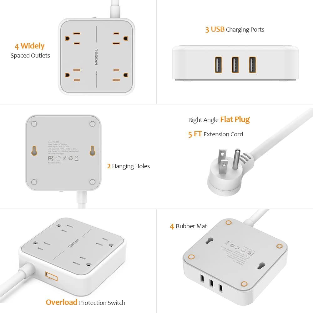 Tessan  Regleta con 3 puertos USB, cable de extensión de 5ft