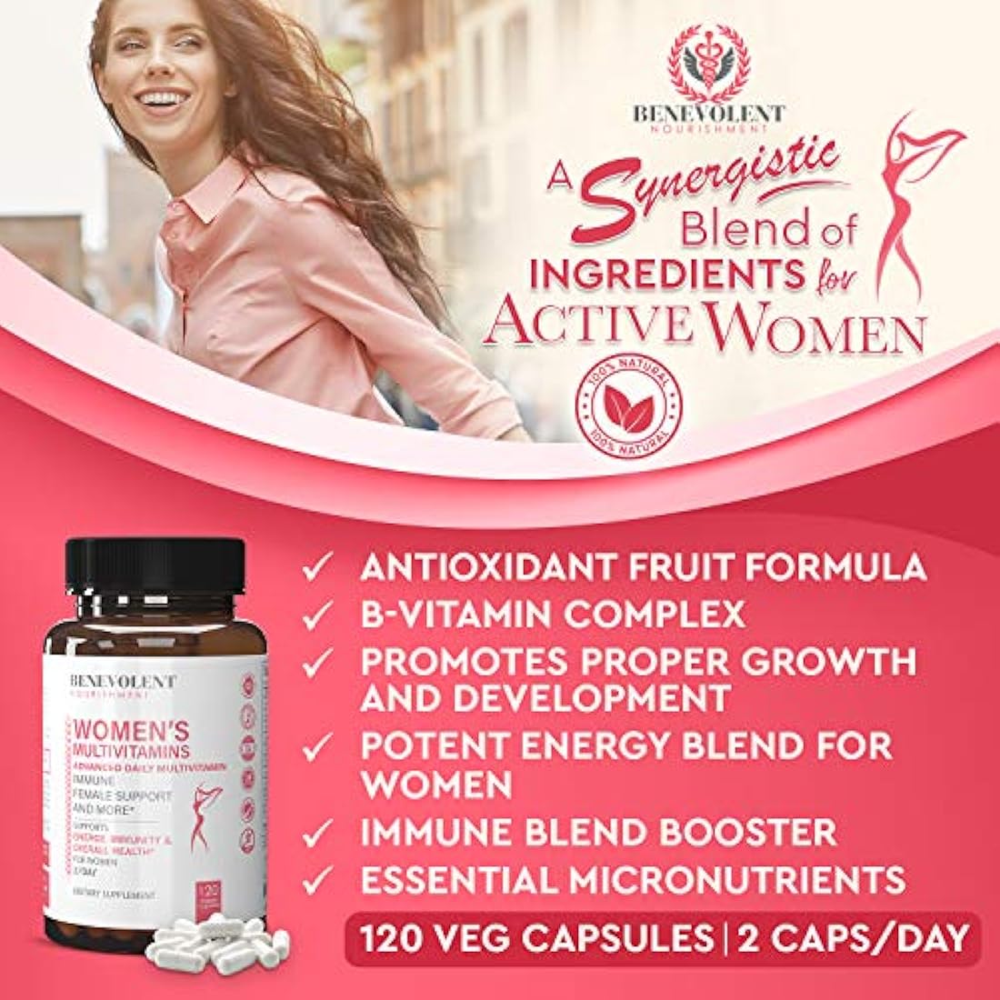 Multivitamina para mujeres - Suplemento para energía, inmunidad y apoyo femenino - Vitaminas diarias para mujeres con biotina, calcio, magnesio - Sin OGM, Multivitamina de mujeres vegetarianas - 120 cápsulas