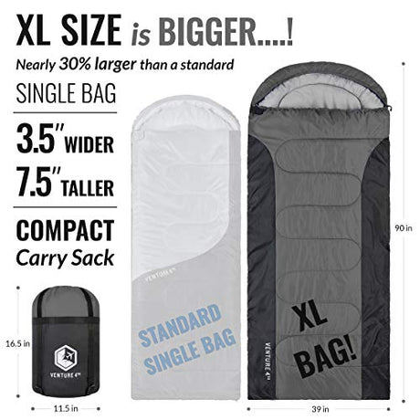 VENTURE 4TH - Saco de dormir para mochilero, ligero, cálido, pero también para tiempo frío, para adultos, niños o parejas, ideal para senderismo, camping o aventuras al aire libre, individual, XXL o doble