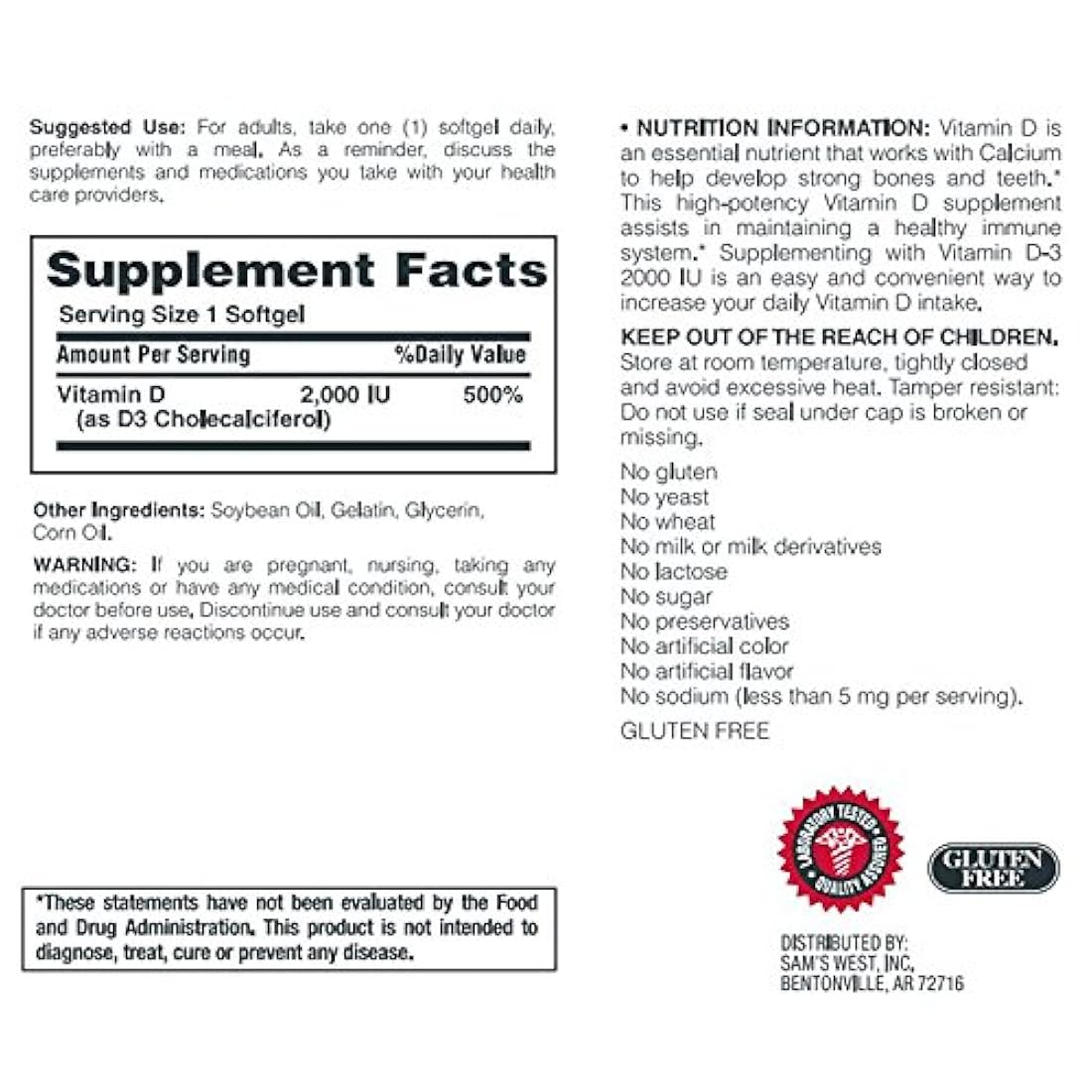 Member's Mark Vitamina D-3 2000 UI, 400 cápsulas blandas Suplemento dietético