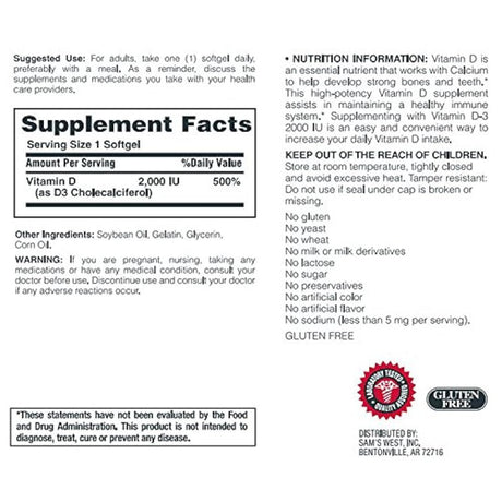 Member's Mark Vitamina D-3 2000 UI, 400 cápsulas blandas Suplemento dietético