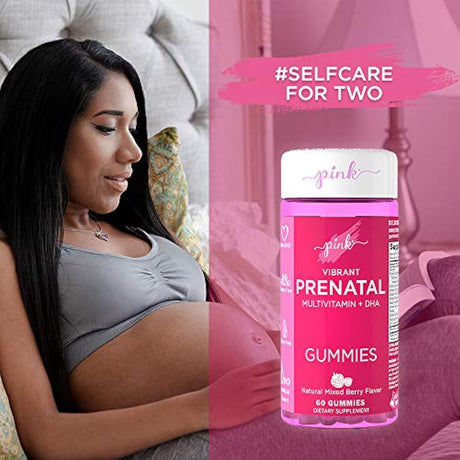 Multivitaminas prenatales de color rosa para mujeres, 60 gomas naturales de sabor a bayas mezcladas, cuidado personal para dos, con DHA y ácido fólico, sin OMG y sin gluten, creadas por mujeres para mujeres