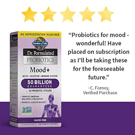 Probióticos y suplementos para el humor Garden of Life. Suplementos Mood+ marca Dr. Formulated para mejorar la salud digestiva y estomacal, almacenables a temperatura ambiente (60 cápsulas)