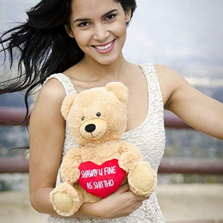 Peluche de oso color marrón con corazón rojo.Hollabears