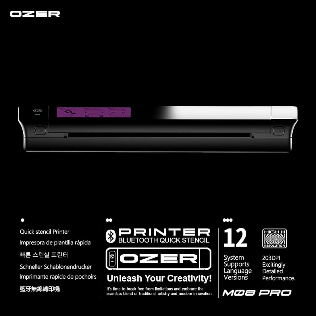 OZER M08Pro - Impresora inalámbrica de plantillas de transferencia Bluetooth de tatuaje, máquina fotocopiadora térmica sin tinta, impresora compacta, plantilla rápida compatible con teléfonos