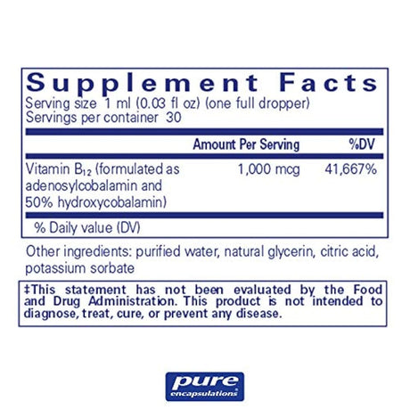 Encapsulaciones puras - Adenosil/Hidroxi B12 líquido - Vitamina B12 para promover la salud del nervio y mitocondrial - 1 fl. oz.