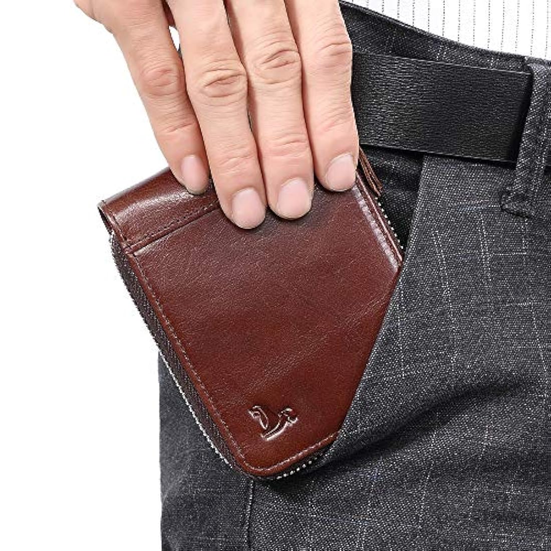 Cartera de piel con cierre  para hombre }