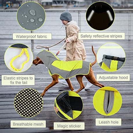 IECOii Chubasquero ajustable para perros con rayas reflectantes, abrigo de lluvia para perros con capucha, abrigo impermeable ligero para perros, impermeable para perros con calcomanía mágica, impermeable para mascotas para perros medianos y grandes