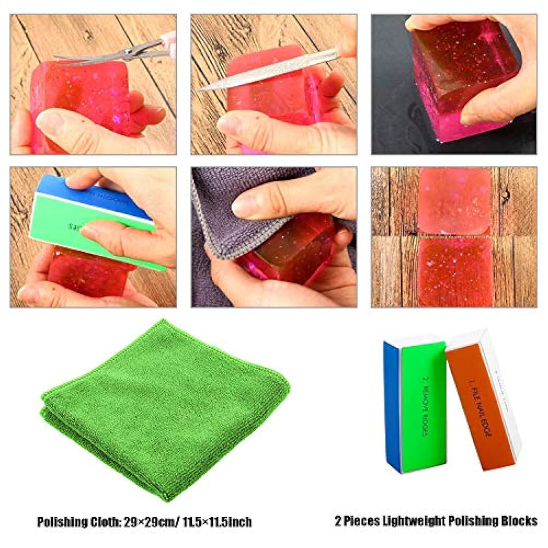 Woohome Juego de 17 herramientas de fundición de resina, 3 estilos de lima, papel de arena, bloques de pulido, paño de pulido, tijeras, cepillos para suministros de joyería, pulido de resina epoxi