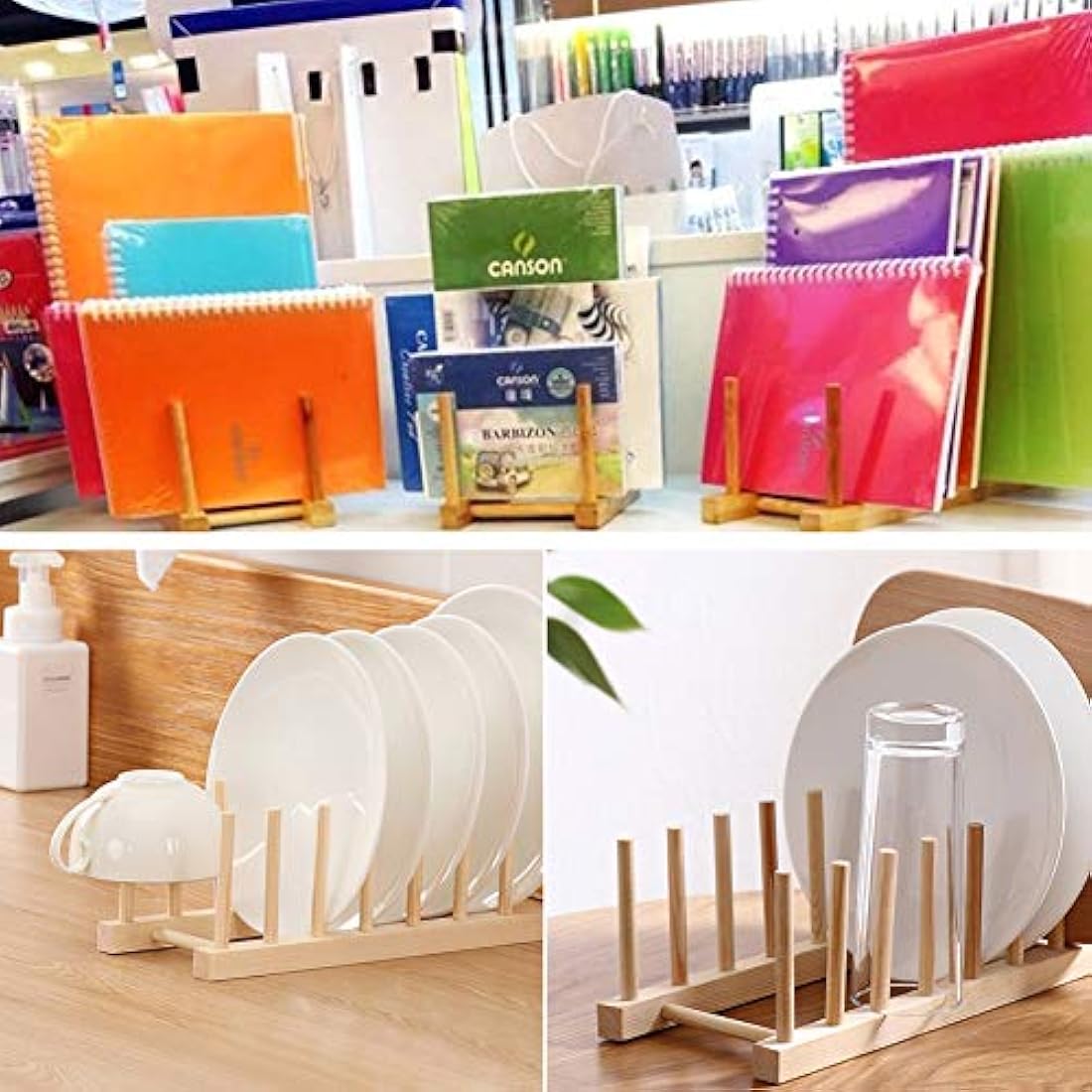 Soporte para platos de madera de bambú 8 ranuras