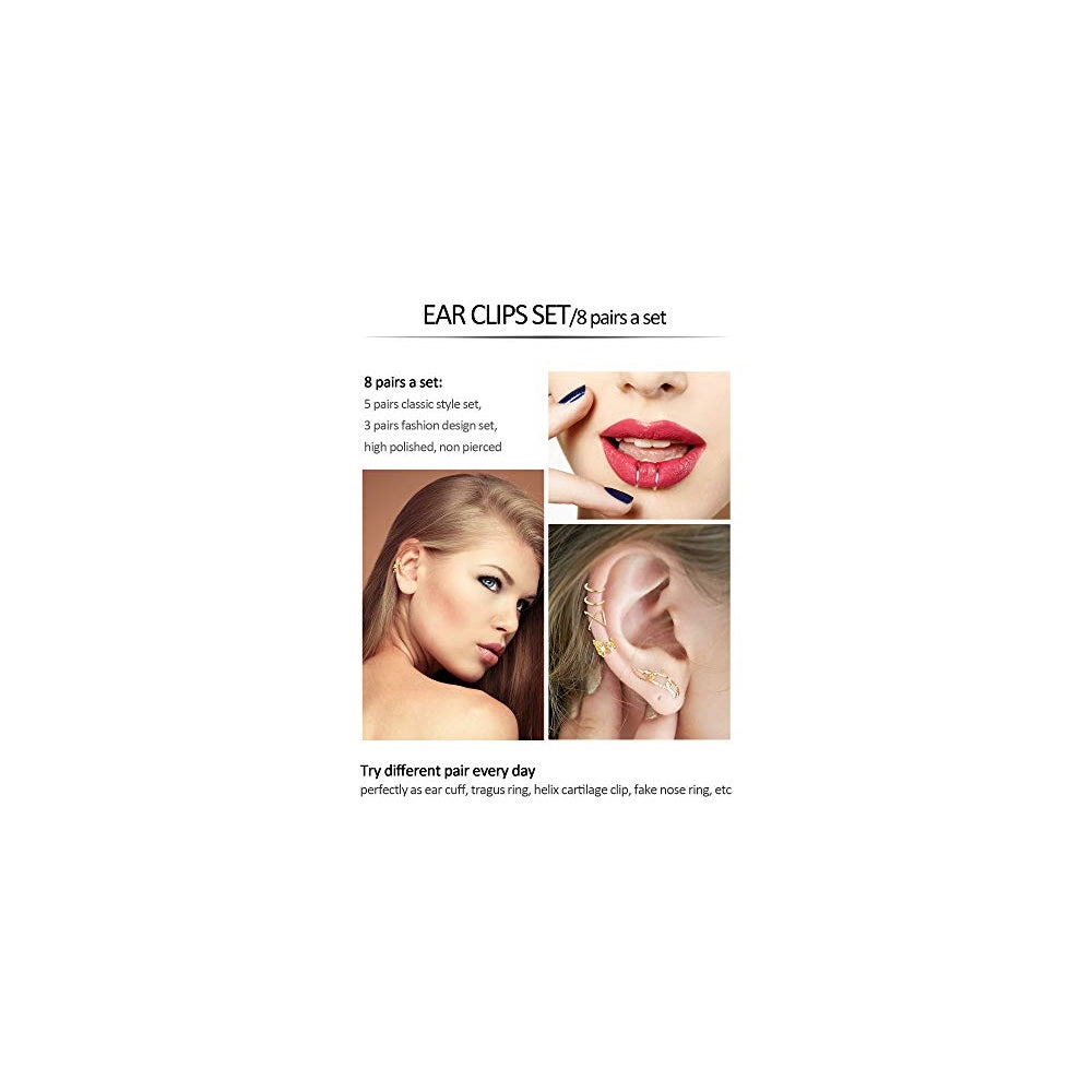 Aretes de acero inoxidablesin perforación para mujer 8 pares
