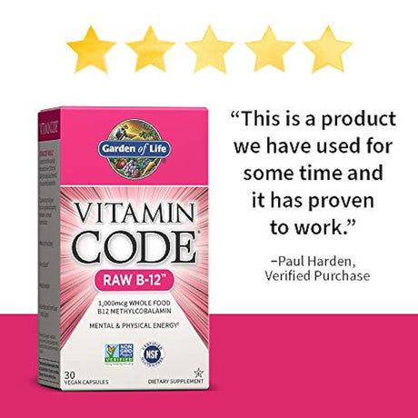 Suplemento de 30 cápsulas veganas para todas las comidas. Garden of Life. Vitamine Code B12 cruda de 0.000035 oz.