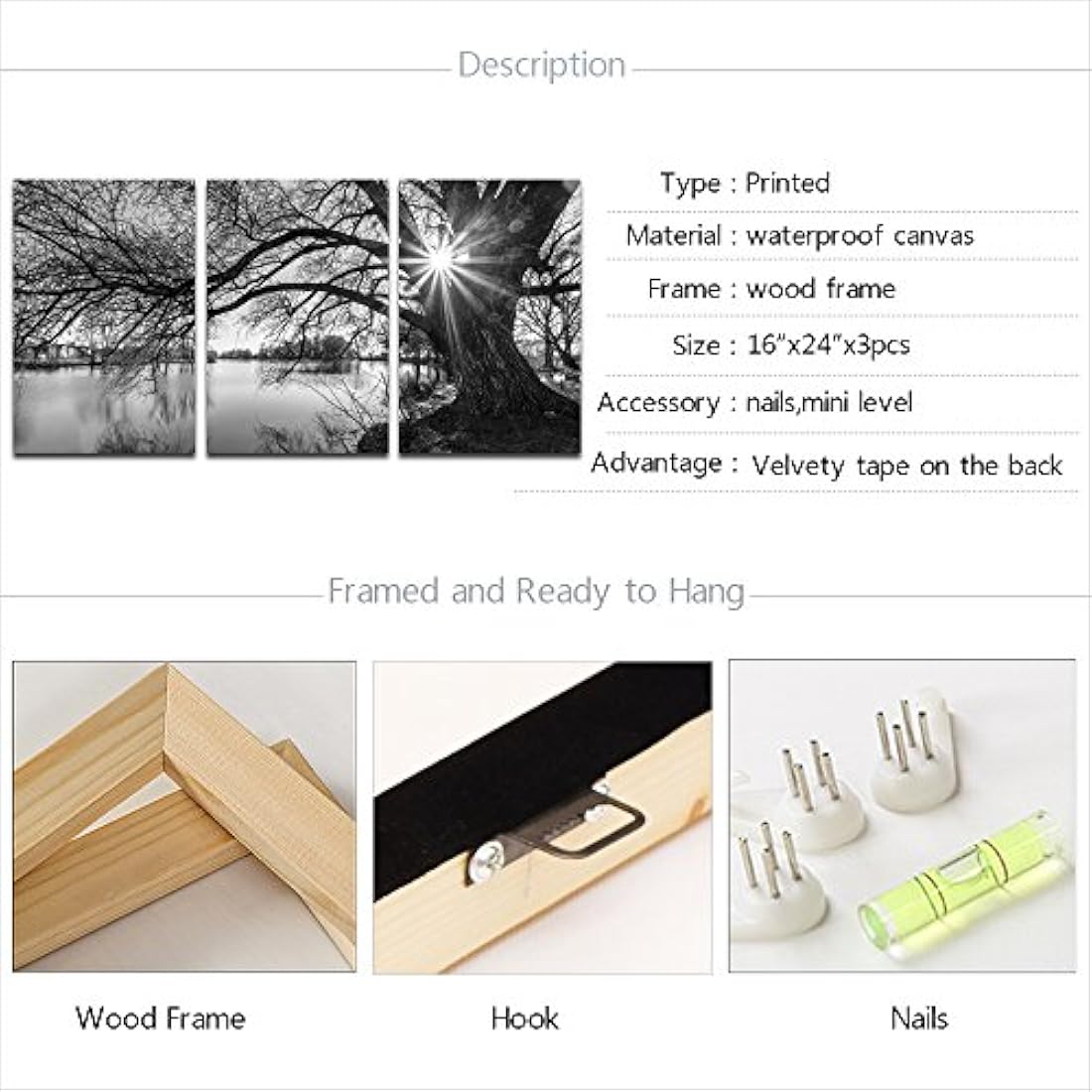 Lienzo decorativo con diseño de árbol blanco y negro