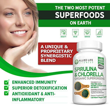 Allied Life espirulina y clorela. Cápsulas de proteínas